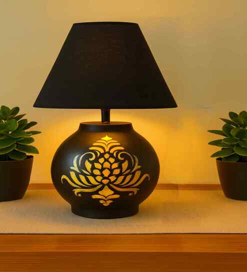 Handmade & handpainted Silver colour Wooden matka lamp with Handpainted Border on Cotton Black shade