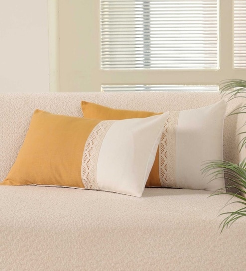 Handmade  Cotton Mustard and Off White  Crochet with Flap  Set of 2 (12x18inches) Cushion Covers