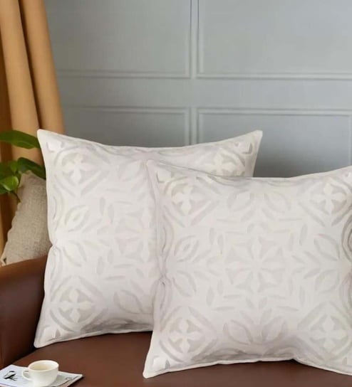 Handmade Applique and Cut Work Cotton Off White Set of 2 (16x16 inches) Cushion Cover