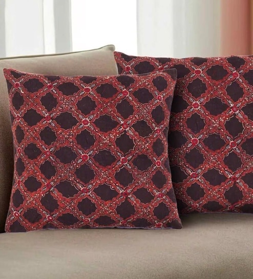 Handmade Block Printed Cotton Brick Red & Black Set of 2(16x16inches) Cushion Cover