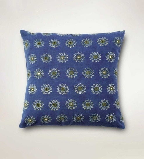 Handmade Block Printed Cotton Indigo & Green Set of 2(16x16inches) Cushion Cover-image-10