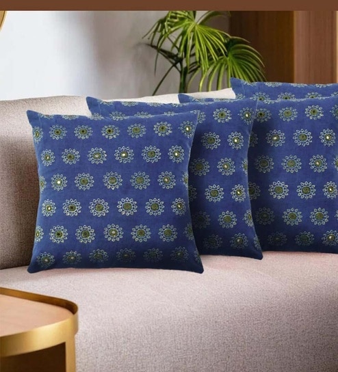 Handmade Block Printed Cotton Indigo & Green Set of 2(16x16inches) Cushion Cover