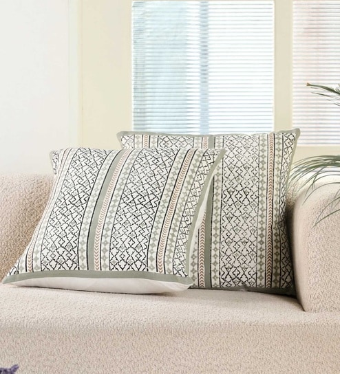 Handmade Cotton Aqua Green and Off White Set of 2 (18x18inches) Cushion Covers