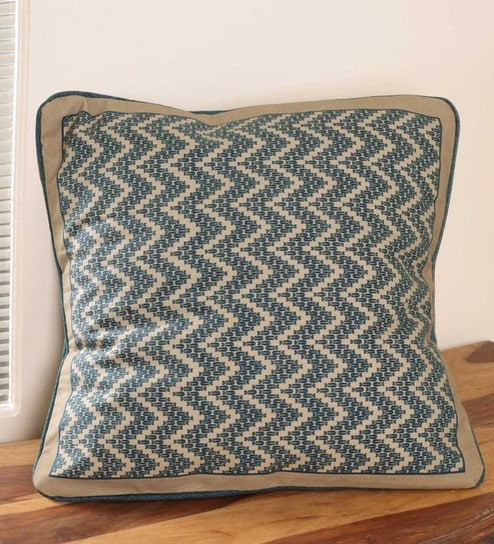 Handmade Cotton Chevron print in Ivory and Navy Blue  (16x16inches) Cushion Covers