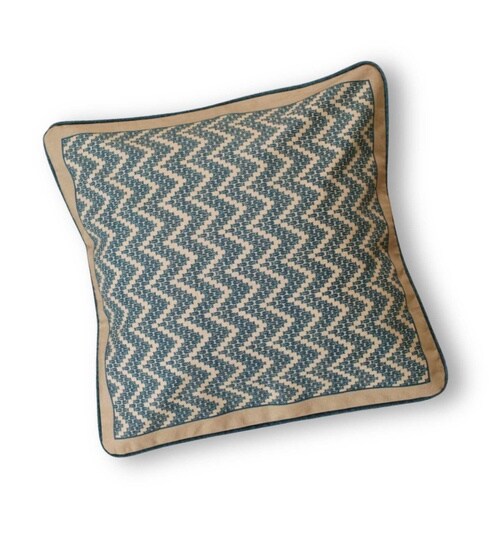 Handmade Cotton Chevron print in Ivory and Navy Blue (16x16inches) Cushion Covers-image-35