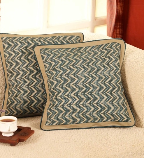 Handmade Cotton Chevron print in Ivory and Navy Blue  Set of 4 (16x16inches) Cushion Covers