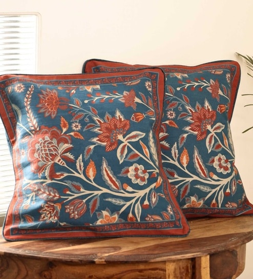 Handmade Cotton Ivory|Maroon and Navy Blue Colour(16x16inches) Cushion Covers