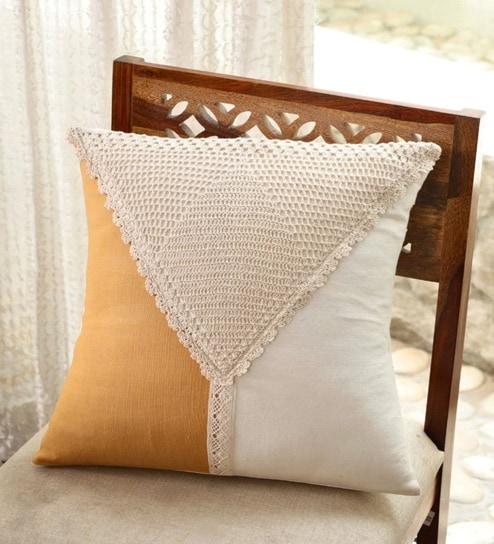 Handmade Cotton Mustard and Off White Crochet (16x16inches) Cushion Covers