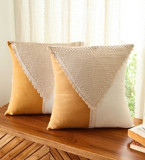 Handmade Cotton Mustard and Off White Crochet Set of 2 (16x16inches) Cushion Covers