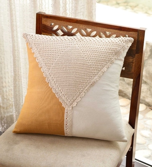 Handmade Cotton Mustard and Off White Crochet Set of 4 (16x16inches) Cushion Covers