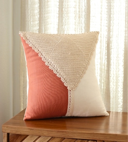 Handmade Cotton Rust and Off White Crochet (16x16inches) Cushion Covers