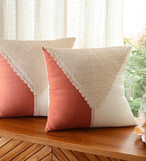 Handmade Cotton Rust and Off White Crochet Set of 2 (16x16inches) Cushion Covers
