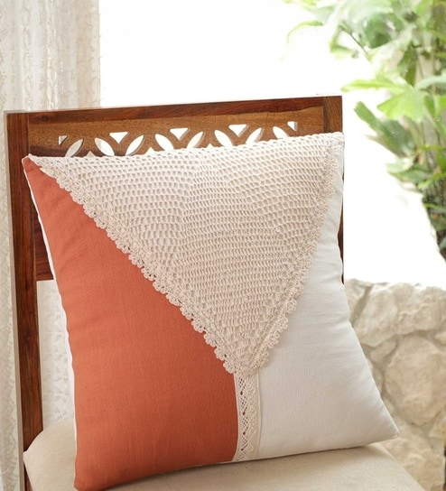 Handmade Cotton Rust and Off White Crochet Set of 5 (16x16inches) Cushion Covers