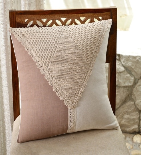 Handmade Cotton Taupe and Off White Crochet Set of 4 (16x16inches) Cushion Covers