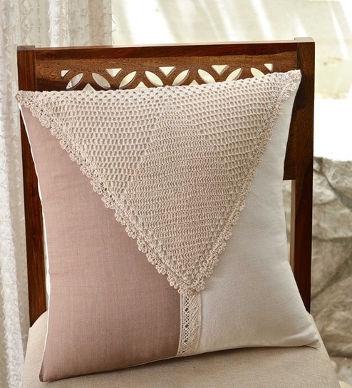 Handmade Cotton Taupe and Off White Crochet Set of 5 (16x16inches) Cushion Covers