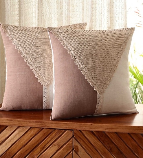 Handmade Cotton Taupe and Off WhiteCrochet Set of 2 (16x16inches) Cushion Covers