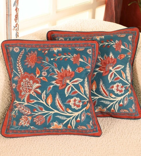 Handmade Cottont Navy blue| Maroon and Ivroy Cotton Set of 5(16x16inches) Cushion Covers