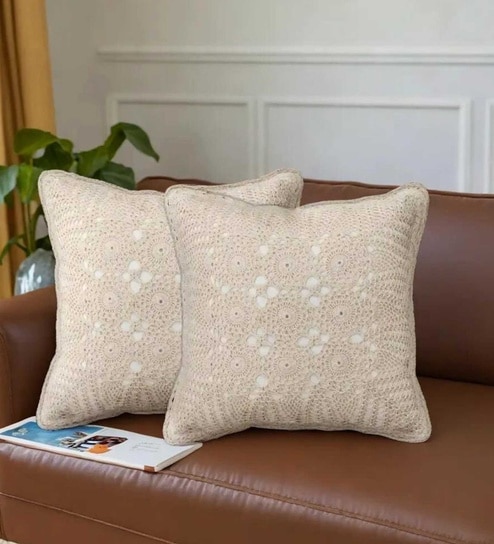Handmade Crochet Cotton Boho Off white Set of 2 (16x16inches)Cushion Cover