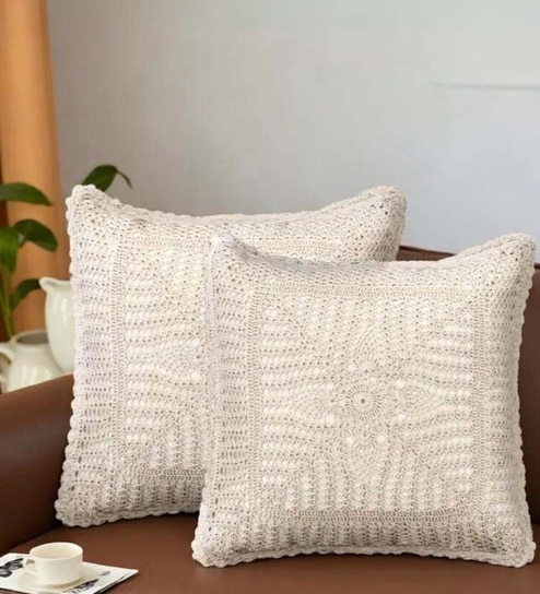 Handmade Crochet Cotton Boho Off white Set of 2 (16x16inches)Cushion Cover