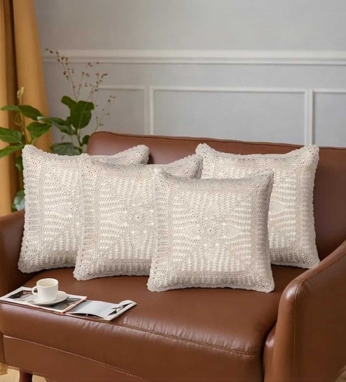 Handmade Crochet Cotton Boho Off white Set of 4 (16x16inches)Cushion Cover