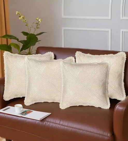 Handmade Crochet Cotton Boho Off white Set of 4 (16x16inches)Cushion Cover
