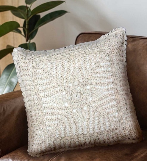 Handmade Crochet Cotton White Set of 2(16x16inches) Cushion Covers