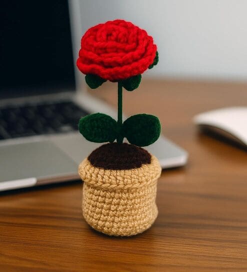 Red Rose Handmade Crochet Flower With Pot