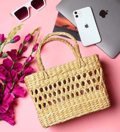 Handmade Designer Chic Dry Grass Bag | Jute Handbag | Carry Tote Bags for Women | Small Shopping bag | storage baskets (Small - Rectangular, 21*9*18)