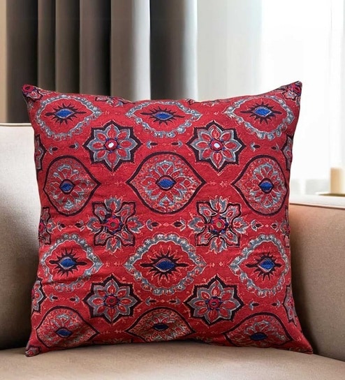 Handmade Embroidered Cotton Indigo Green Set of 4(16x16inches) Cushion Covers