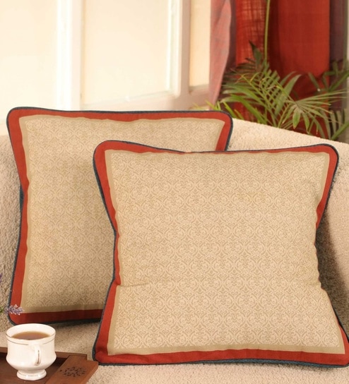 Handmade Embroidered Cotton Ivory, Maroon and Navy Blue Set of 4(16x16inches) Cushion Covers