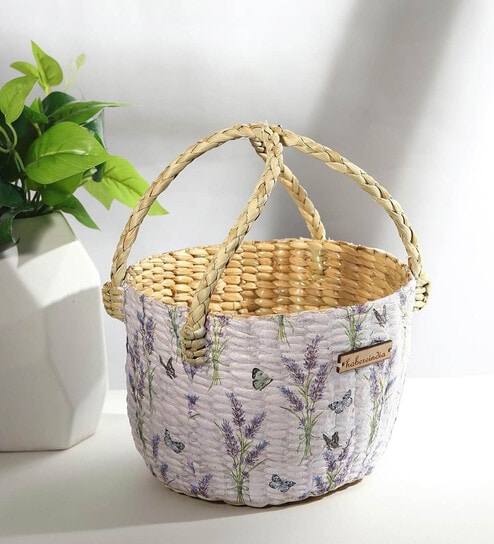 (1Pc) Lavender Straw Round Storage Basket & Gift Hamper