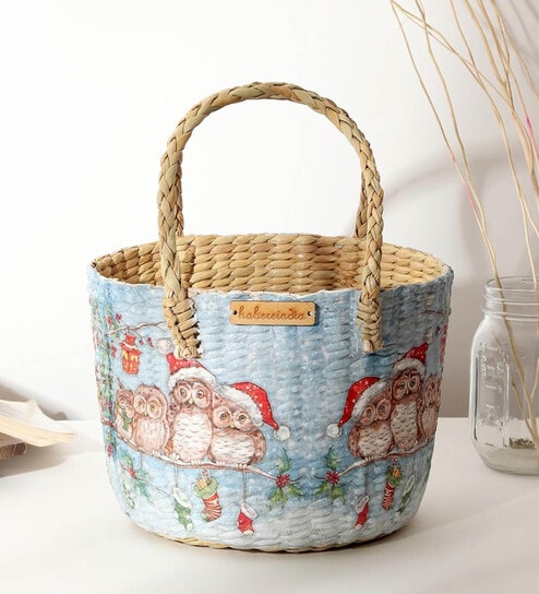 (1Pc) Blue Straw Round Storage Basket & Gift Hamper