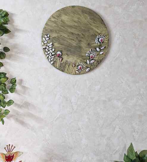 Handmade Golden 3D Design 15 Inch Wall Art With Handmade Clay Work & Multicolour Detailing