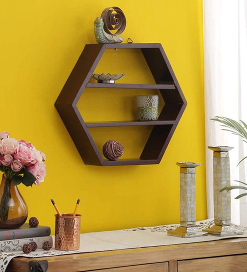Buy Engineered Wood Hexagon Shape Wall Shelf In Walnut Colour By