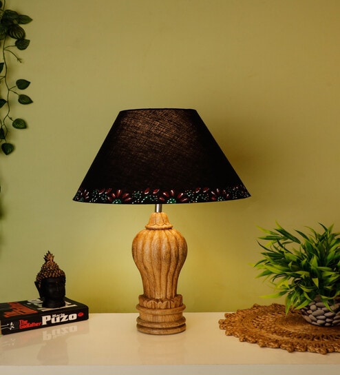 Black Handpainted Shade With Natural Color Gada Design Wooden Handmade Table Lamp