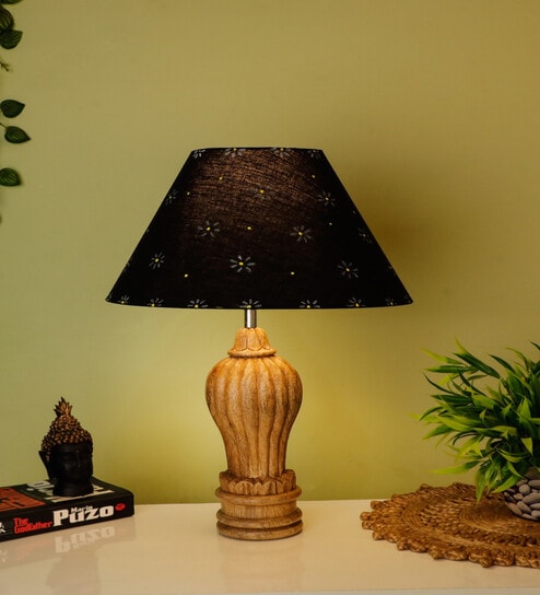 Black Handpainted Shade With Natural Color Gada Design Wooden Handmade Table Lamp