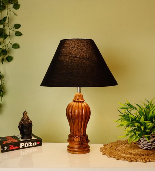 Black Shade With Brown Gada Design Wooden Handmade Table Lamp
