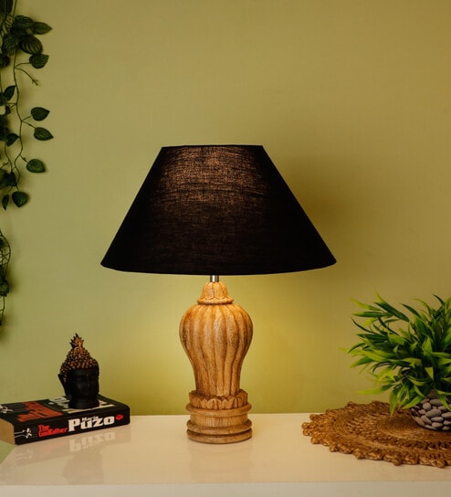 Black Shade With Natural Color Gada Design Wooden Handmade Table Lamp