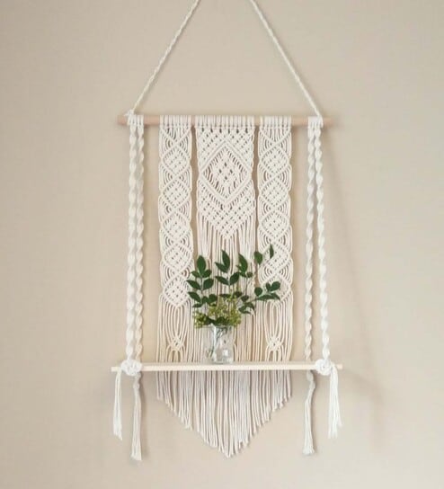 Handmade Macrame  Wall Hanging With Pine Wood Shelf In Off White By Kaahira