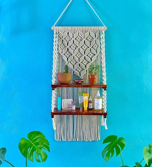 Handmade Macrame  Wall Hanging In Pine Wood With 2 Shelf By Kaahira