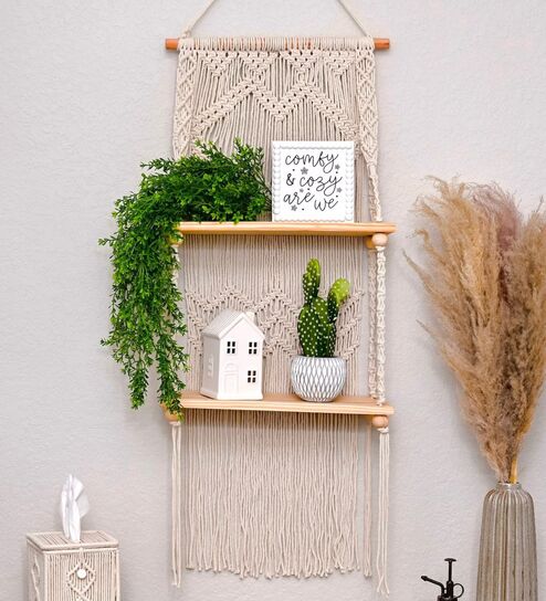 Handmade Macrame Wall Hanging With Pine Wood Shelf In Off White By Ecofynd