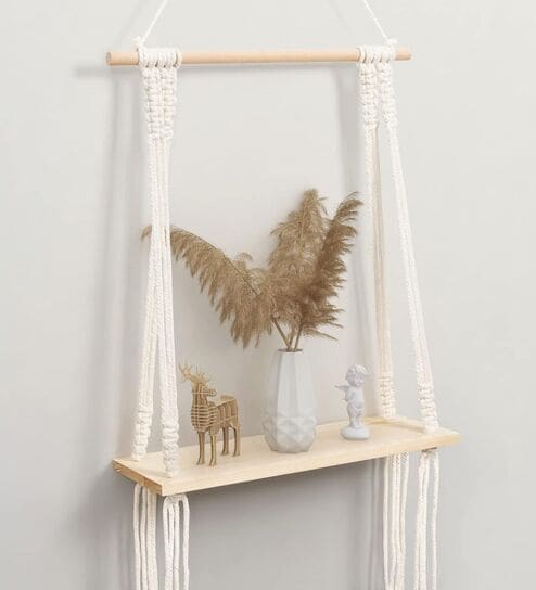 Handmade Macrame Wall Hanging With Pine Wood Shelf In Off White By Ecofynd