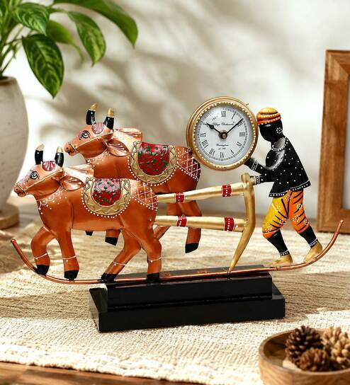 Handmade Metal Bullock Cart Clock Statue | Traditional Indian Rural Art Decorative Showpiece for Living Room