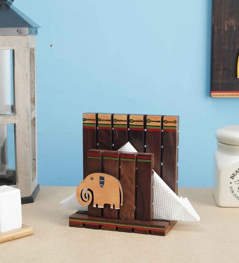 Handmade Orange Elephant Sheesham Wood Panels Napkin Holder