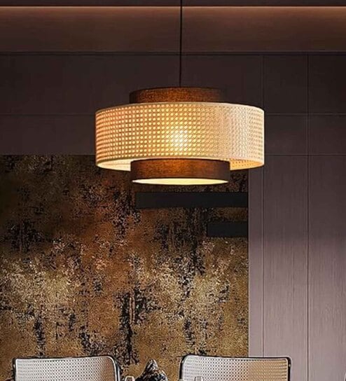 Handmade Rattan Cane Pendant Hanging Light with Jute Shade (Black & Beige)