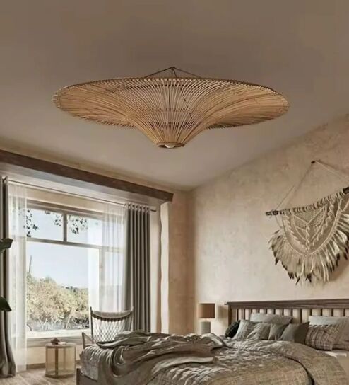Handmade Rattan Flush Mount Ceiling Lamp (Beige and Brown)