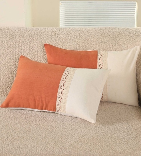 Handmade Rectangular Crochet Cotton Rust and Off White  Set of 2 (12x18inches) Cushion Covers