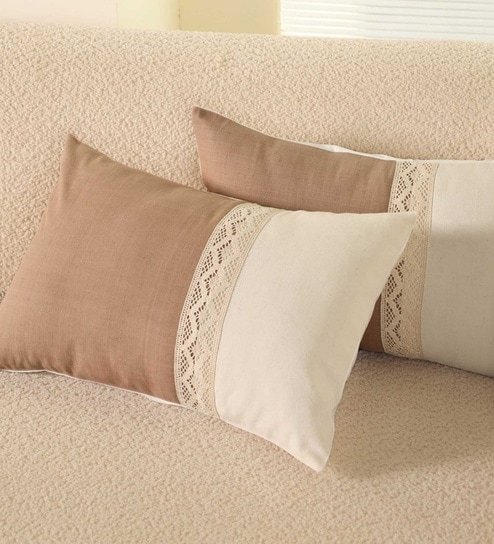 Handmade Rectangular Crochet Cotton Taupe and Off White Crochet with Flap Set of 2 (12x18inches) Cushion Covers-image-30