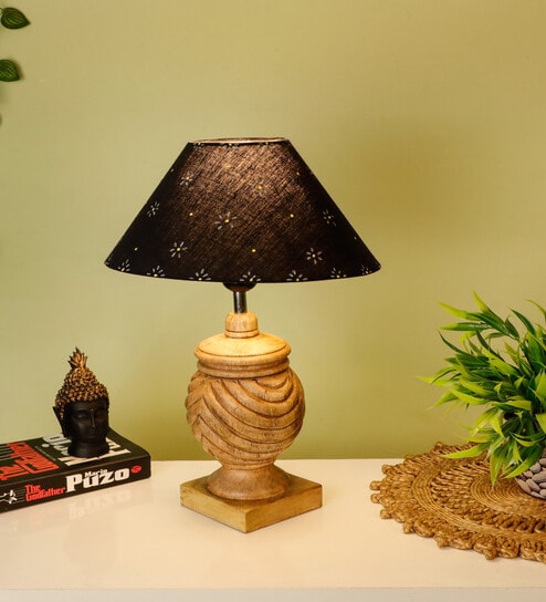 Black Handpainted Floral Shade With Natural Color Rings Design Wooden Handmade Table Lamp