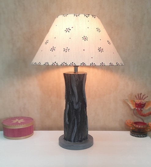 Handmade Vase Design Distress Rustic Tree Log Finish Wooden Lamp with Cotton Shade (Grey & Beige)